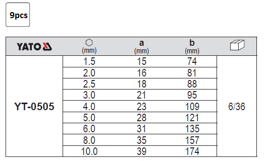 Bộ lục giác đầu bi 9 chi tiết Yato YT-0505