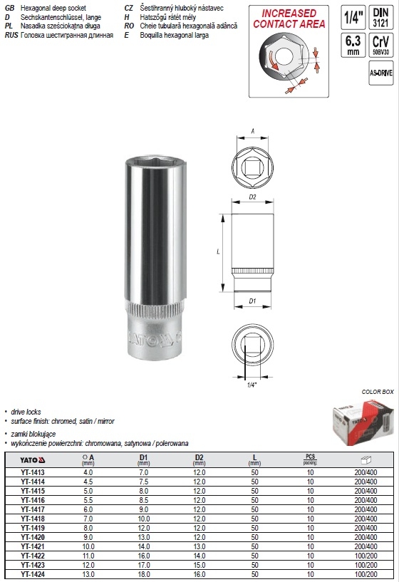 Đầu tuýp lục giác 1/4 YATO loại dài