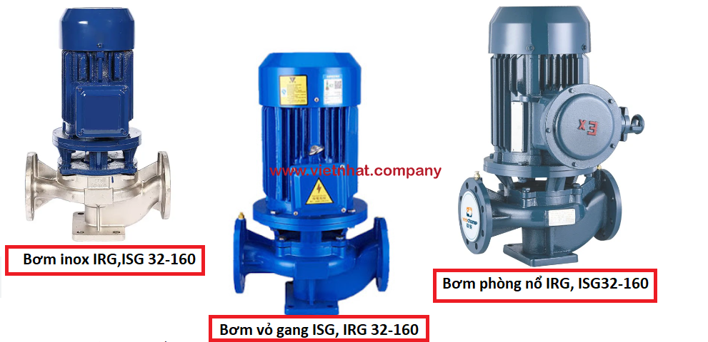 ảnh bơm IRG vỏ gang, vỏ inox và động cơ phòng nổ IRG, ISG 32-160 lắp 2.2kw và 1.5kw cùng 1.1kw