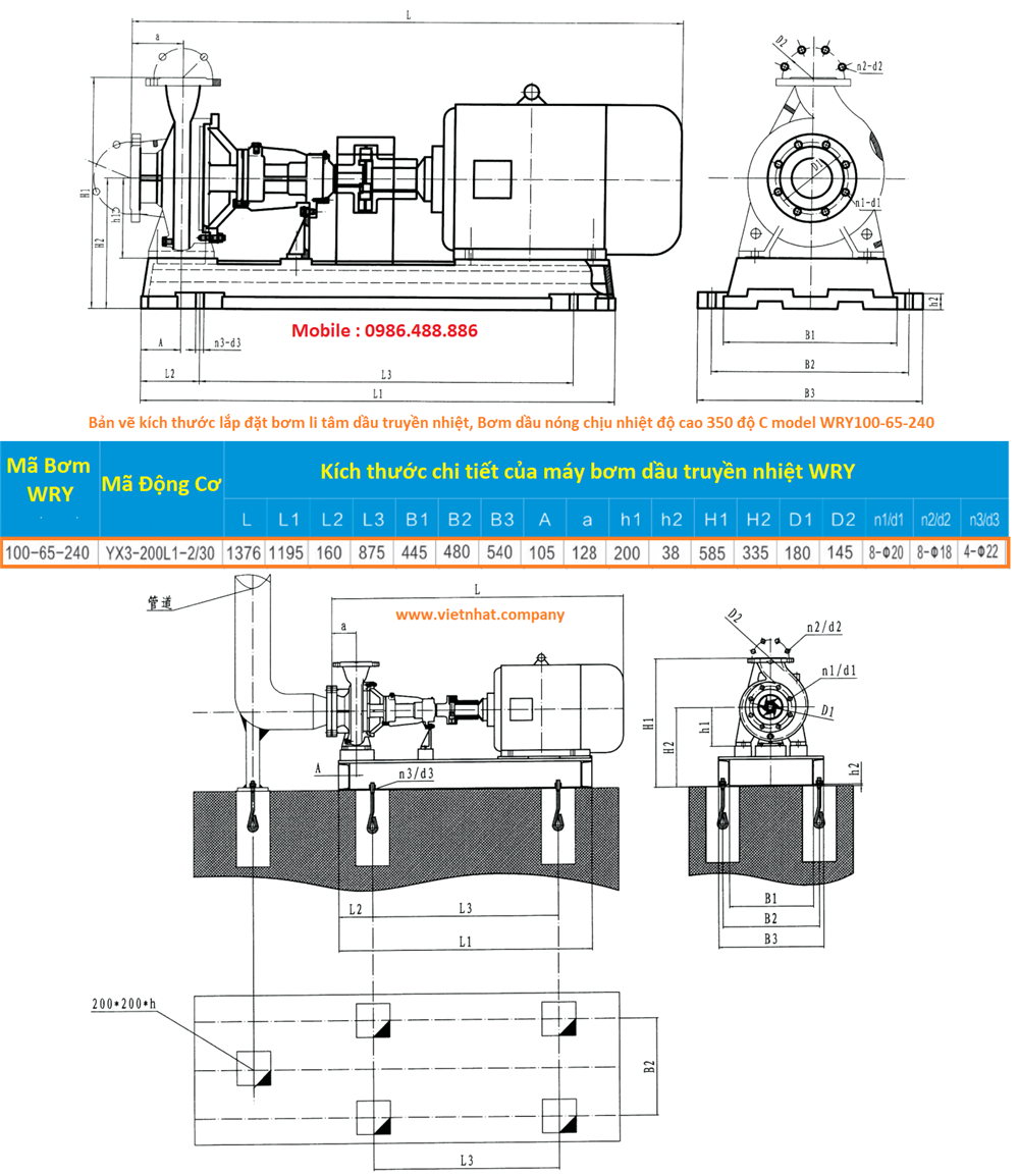 bản vẽ kích thước bơm dầu truyền nhiệt wry100-65-240