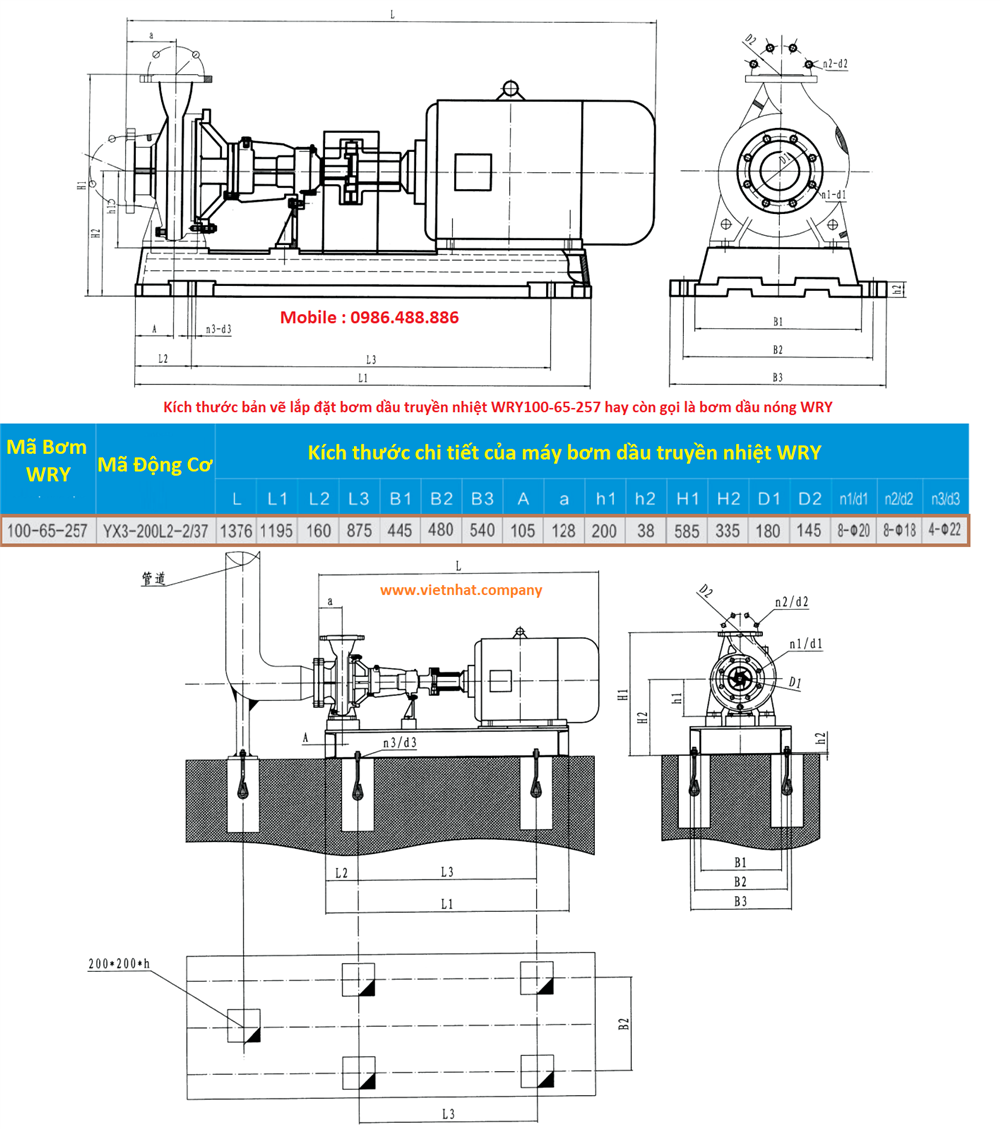 bản vẽ kích thước bơm dầu truyền nhiệt wry100-65-257