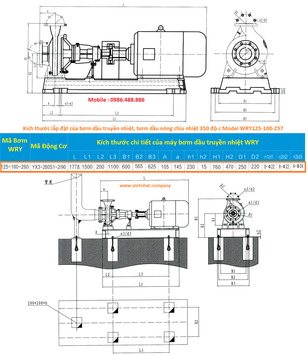 bản vẽ kích thước lắp đặt bơm dầu truyền nhiệt wry125-100-260