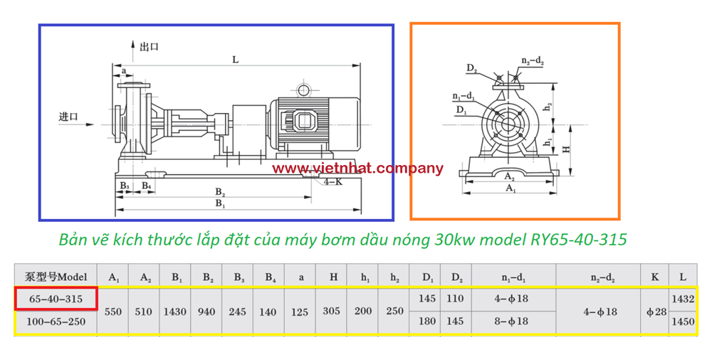 bản vẽ kích thước lắp đặt của máy bơm dầu nóng 30kw model RY65-40-315