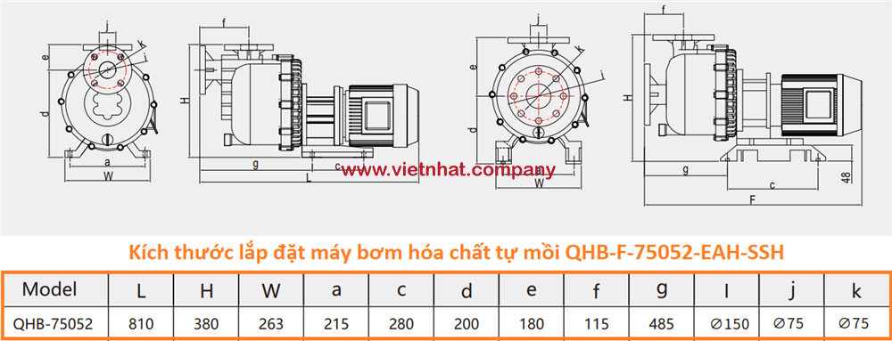 bản vẽ kích thước lắp đặt của máy bơm hóa chất tự mồi QHB-F-75052-EAH-SSH