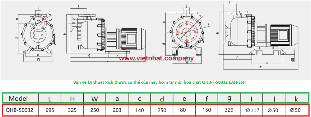 kích thước lắp đặt của máy bơm qhb-f-50032-eah-ssh