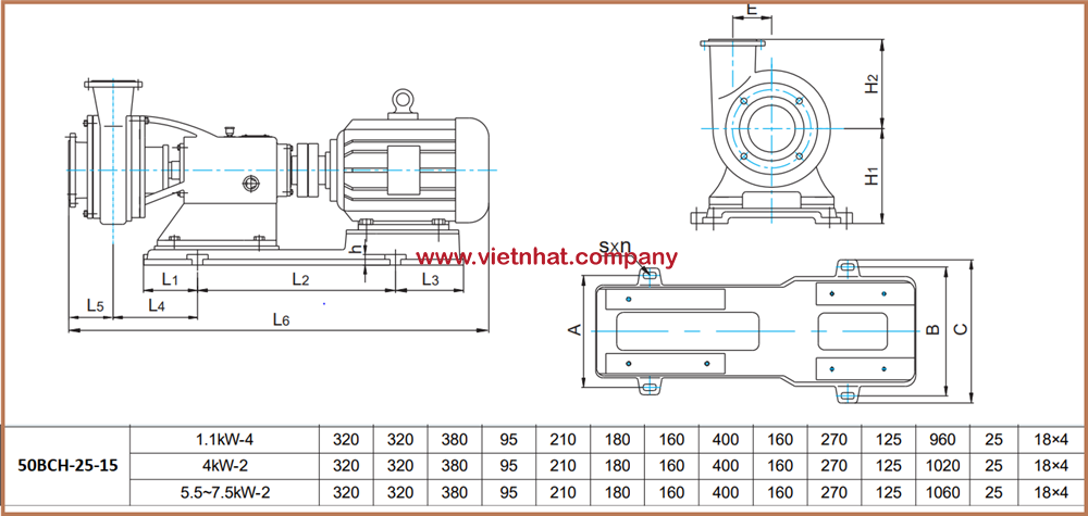 bản vẽ kỹ thuật của máy bơm hóa chất 4kw cánh hở 50BCH-25-15