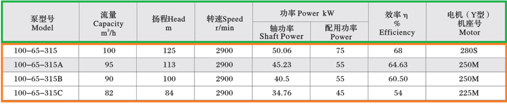 bảng lưu lượng model bơm dầu truyền nhiệt RY100-65-315