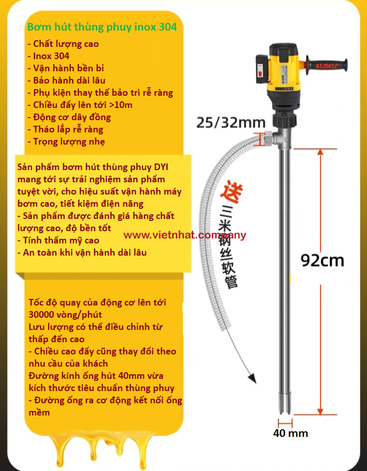 bơm hút thùng phuy inox giá rẻ vật liệu inox 304 1600w