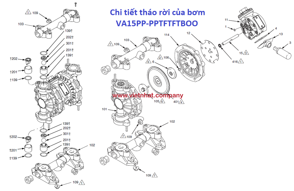 Các chi tiết tháo rời của bơm màng va15pp-pptftfbtoo