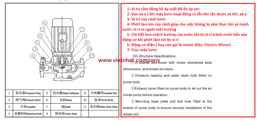 Cấu tạo của máy bơm trục đứng IRG150-125-160m3-20m-15kw