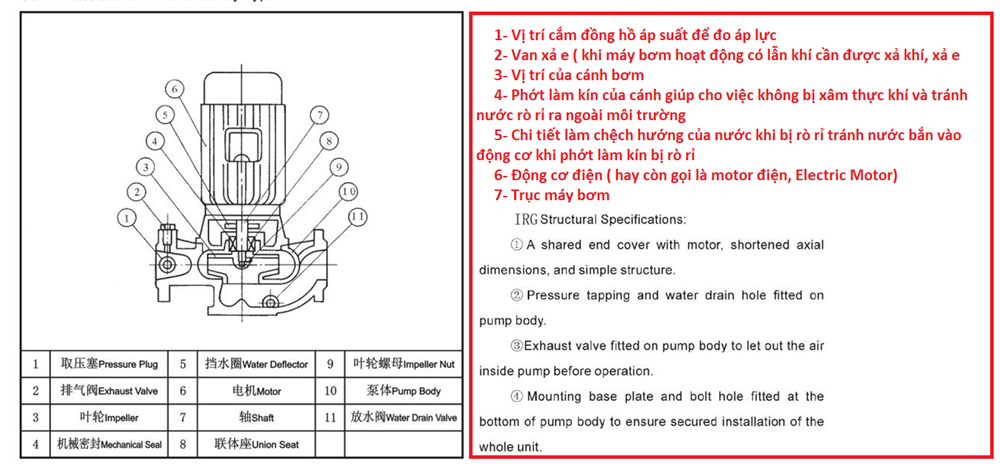 chi tiết tên gọi của máy bơm đường ống trục đứng irg32-100i và isg32-100i