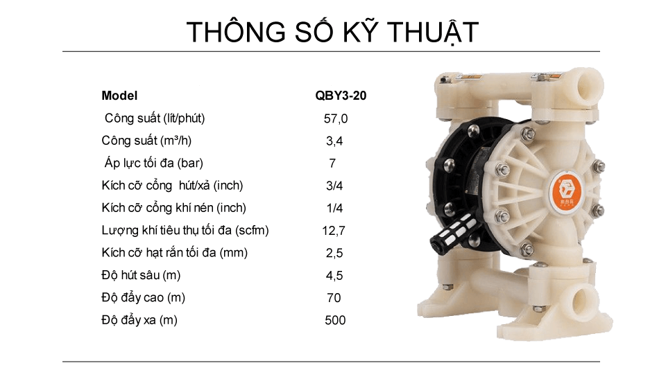 Bơm Màng Khí Nén GODO QBY3-20 NHỰA TEFLON