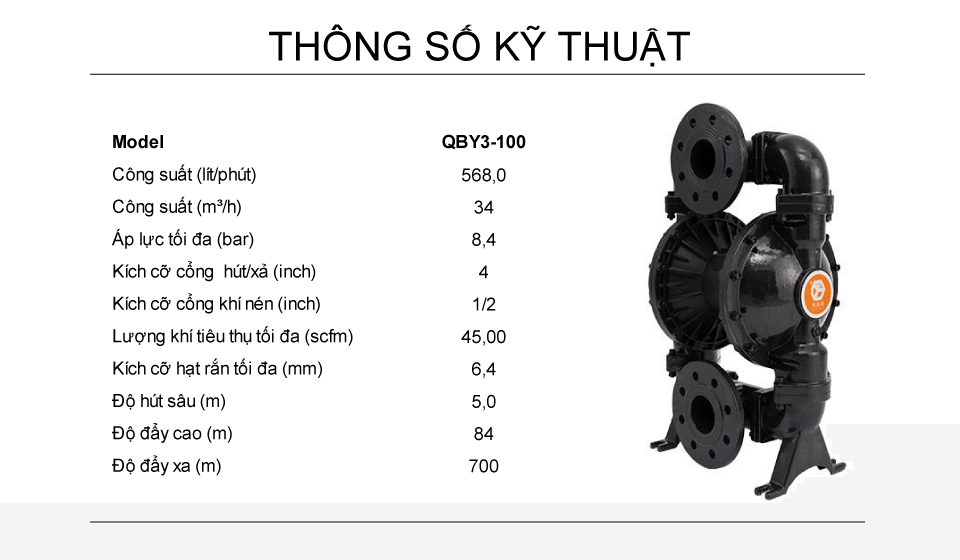 Bơm Màng Khí Nén GODO QBY3-100 Gang