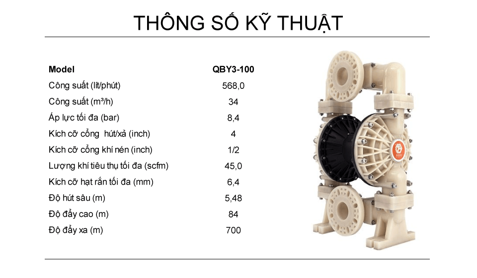 Bơm Màng Khí Nén GODO QBY3-100 Teflon