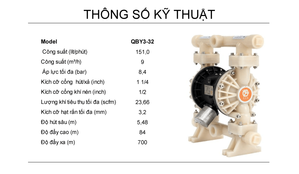 Bơm Màng Khí Nén GODO QBY3-32 NHỰA Teflon