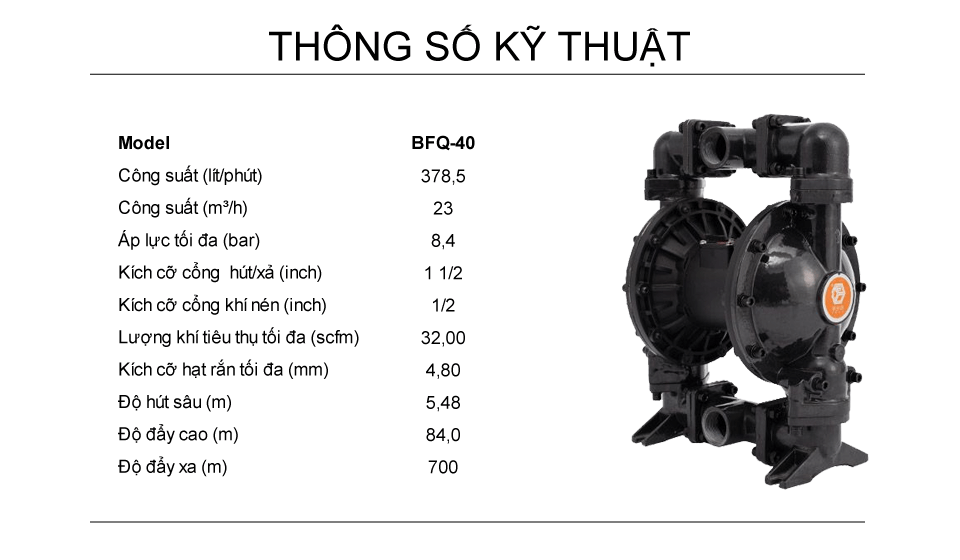 Thông số kỹ thuật Bơm Màng Khí Nén GODO BFQ-40 Nhôm