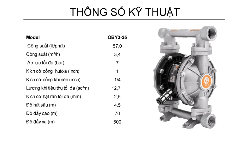 Bơm Màng Khí Nén GODO QBY3-25 INOX