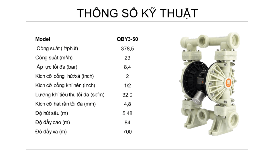 Bơm Màng Khí Nén GODO QBY3-50 nhựa pp