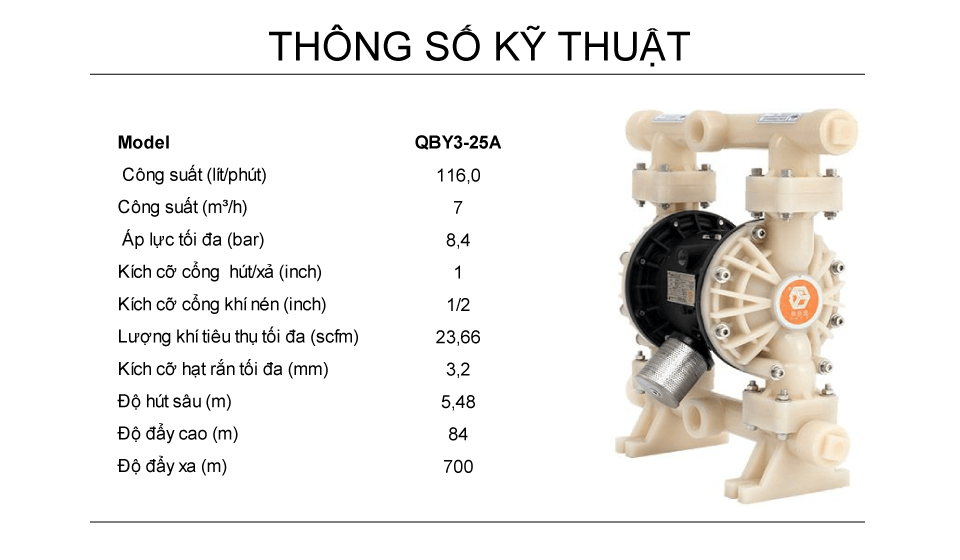 Bơm Màng Khí Nén GODO QBY3-25A Teflon