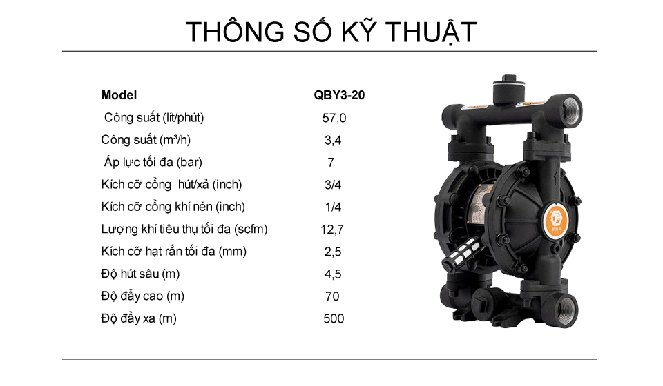 Bơm Màng Khí Nén GODO QBY3-20 NHÔM