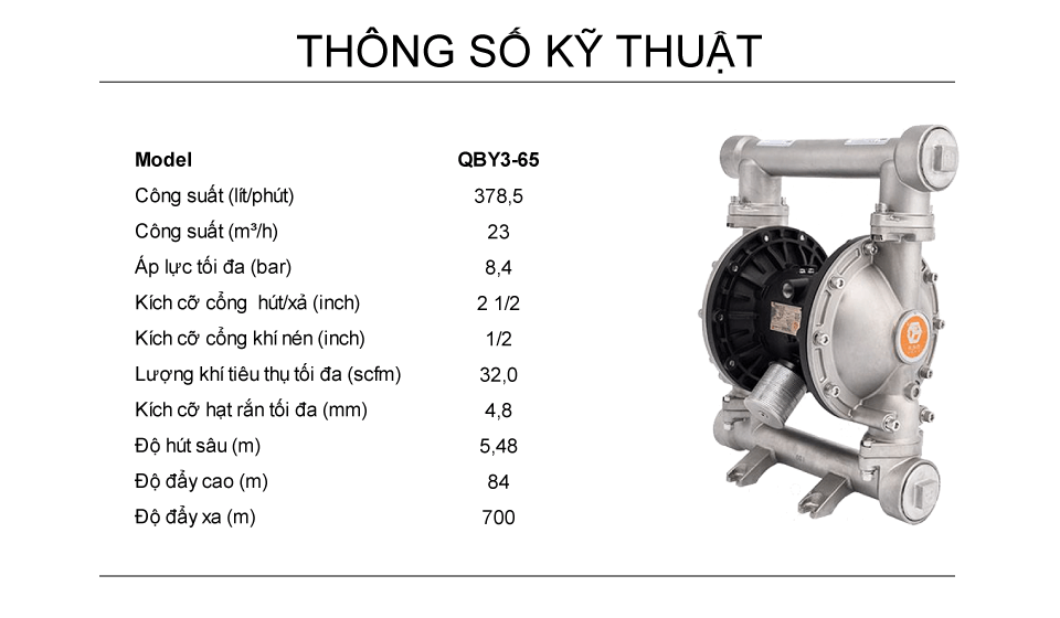 Bơm Màng Khí Nén GODO QBY3-65 inox