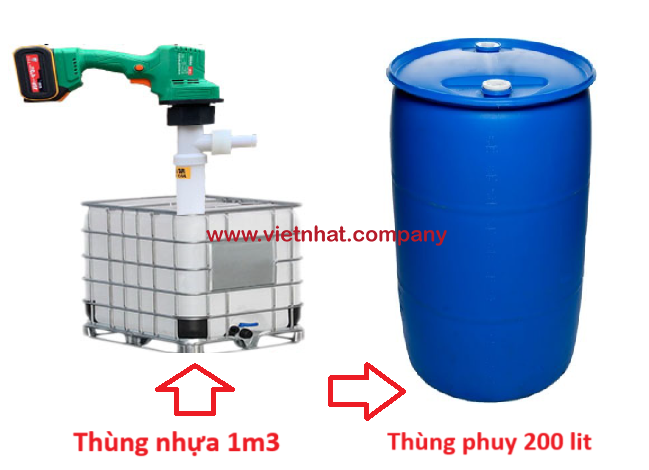 hình ảnh thùng phuy 200 lit và bồn nhựa 1m3 đựng hóa chất mà bơm cầm tay mini hút hóa chất 