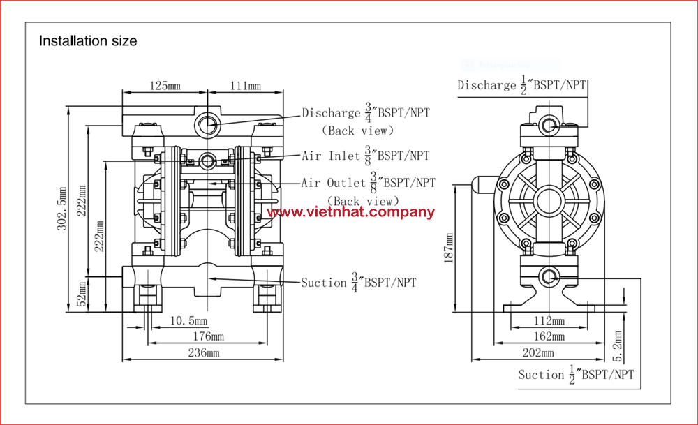 kích thước bơm màng mk15pp-tf-tf-pp