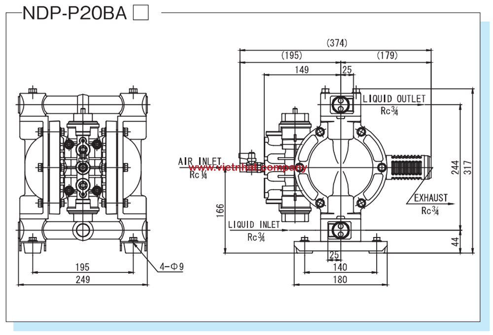 kích thước bản vẽ của bơm màng ndp-p20ban