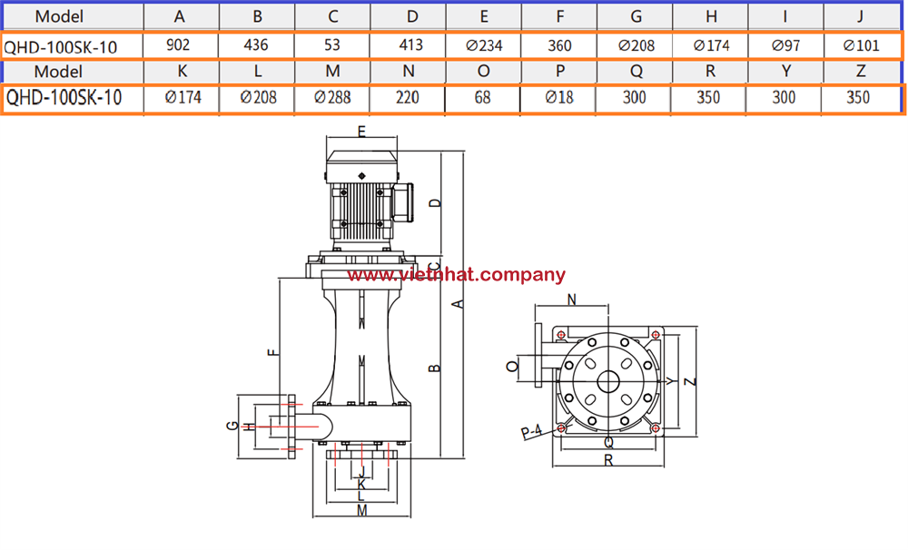 Kích thước bản vẽ lắp đặt của bơm hóa chất trục đứng QHD-100SK-105