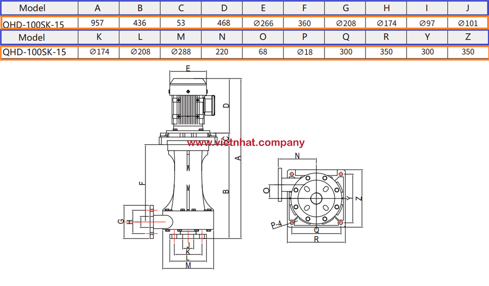 Kích thước bản vẽ lắp đặt của bơm hóa chất trục đứng QHD-100SK-155