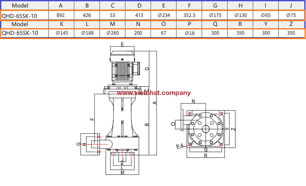 Kích thước bản vẽ lắp đặt của bơm hóa chất trục đứng QHD-65SK-105