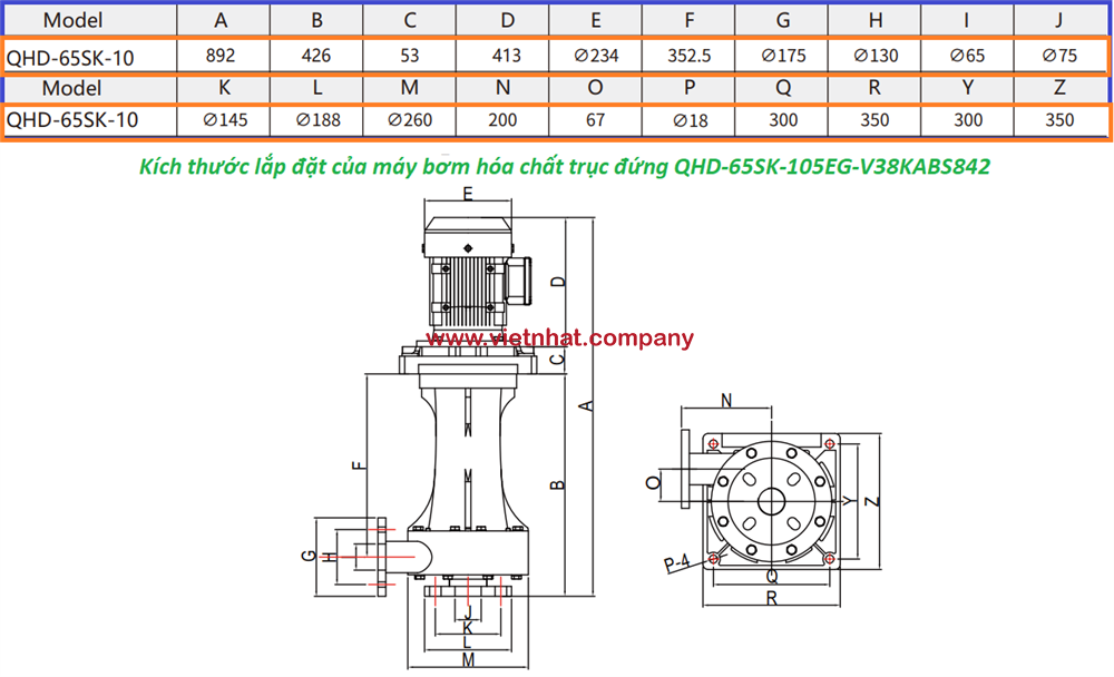 Kích thước bản vẽ lắp đặt của bơm hóa chất trục đứng QHD-65SK-105EG-V38KABS842