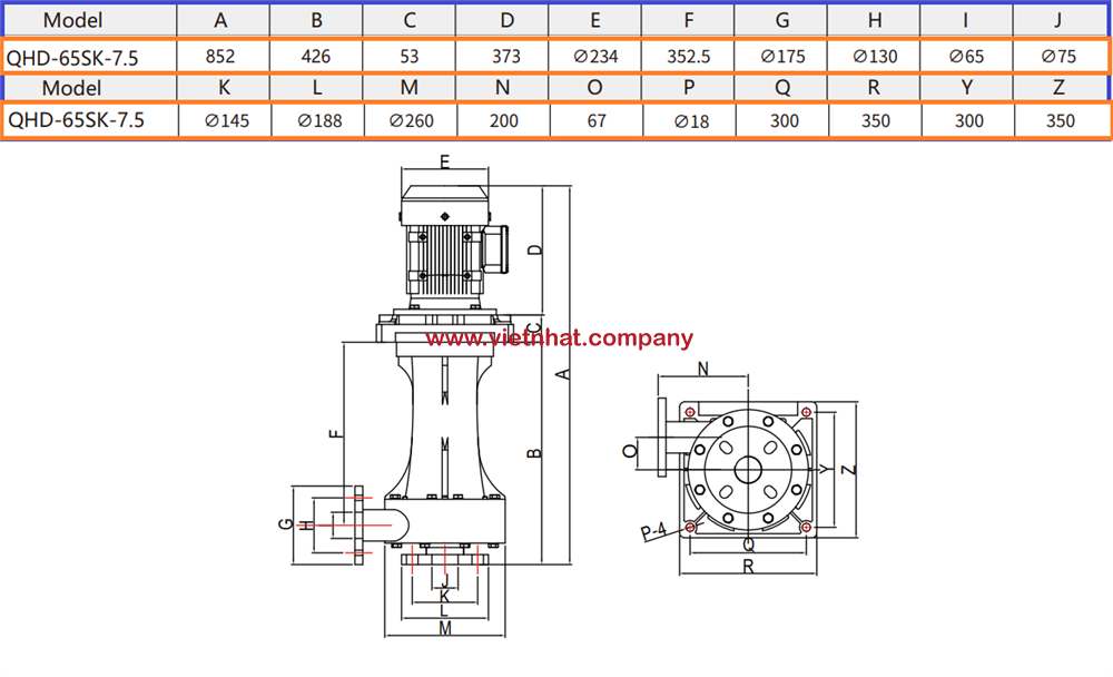 Kích thước bản vẽ lắp đặt của bơm hóa chất trục đứng QHD-65SK-7.5