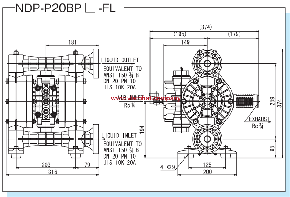 kích thước bản vẽ lắp đặt của bơm màng NDP-P20BPT-FL