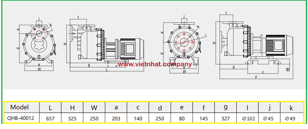 kích thước lắp đặt, độ cao, chiều dài của bơm qhb-g-40012 eah-ssh