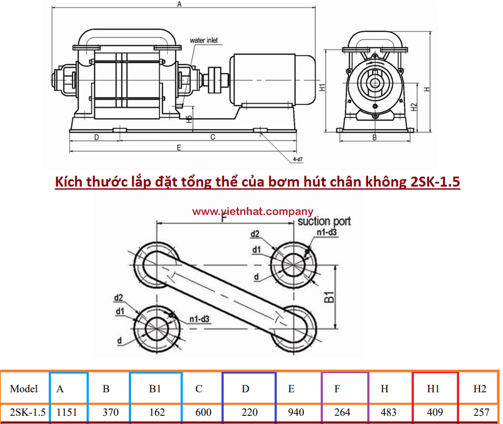 kích thước lắp đặt bơm 2sk-1.5 vòng nước 2 cấp