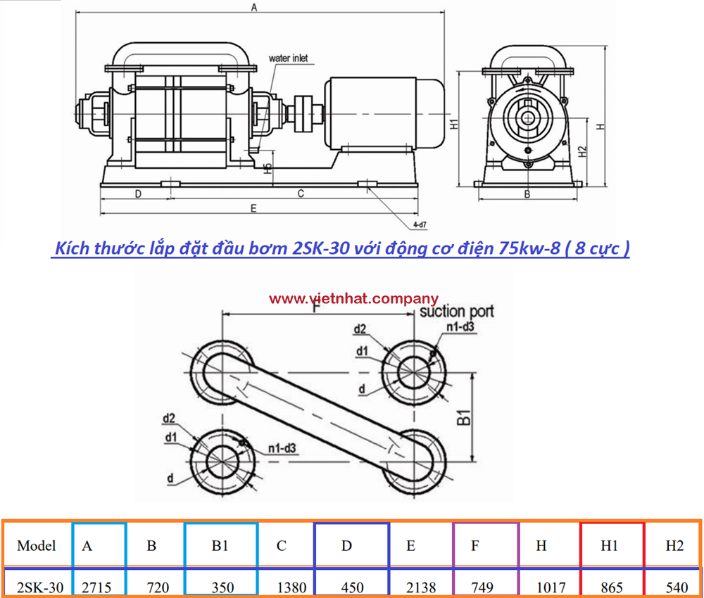 kích thước lắp đặt bơm 2SK-30 cùng với động cơ 75kw-8