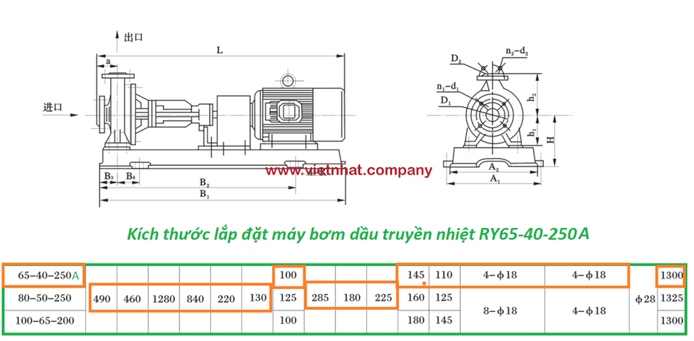 kích thước lắp đặt bơm dầu truyền nhiệt RY65-40-250A lắp động cơ điện 7.5kw-2