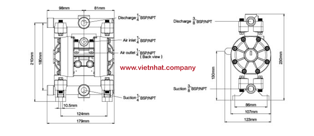 kích thước lắp đặt bơm màng mk10pp-pp