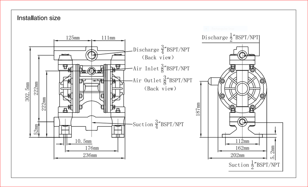 kích thước lắp đặt bơm màng vỏ nhựa MK15PP-PP-tf-tf-pp