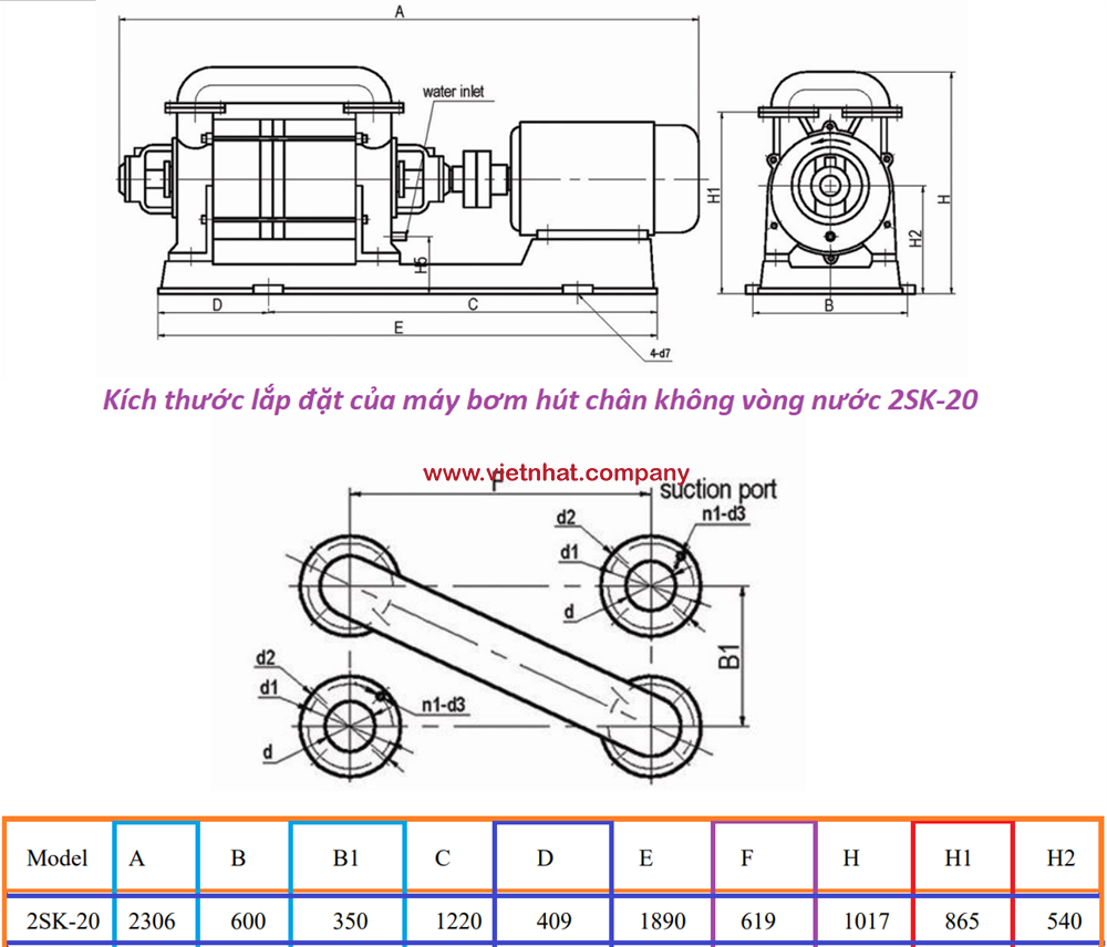 kích thước lắp đặt của bơm chân không 2sk-20