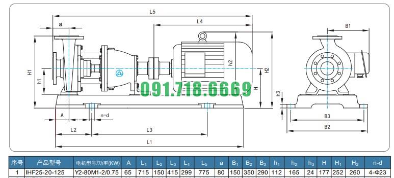 kích thước lắp đặt máy bơm hóa chất IHF25-20-125 của động cơ phòng nổ