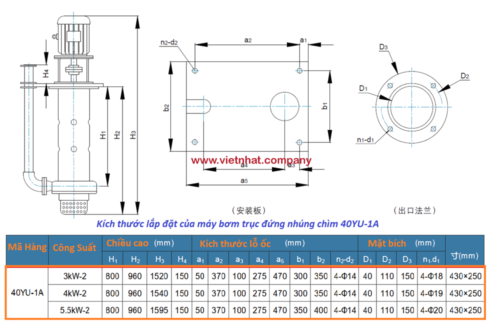 Kích thước lắp đặt của bơm hoá chất trục đứng dài 1m 40YU-1A-20-30