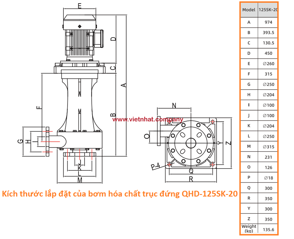 kích thước lắp đặt của bơm hóa chất trục đứng qhd-125sk-20