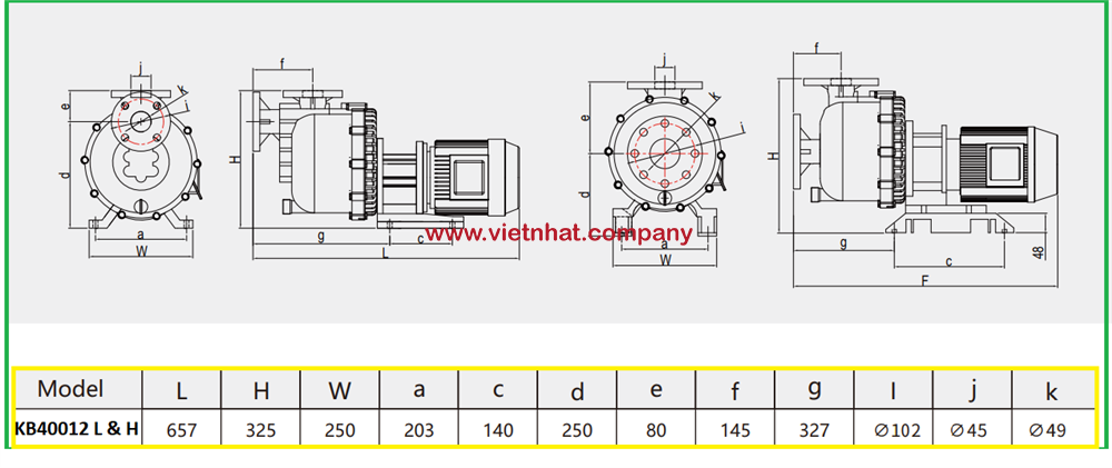 kích thước lắp đặt của bơm hoá chất tự mồi KB40012L và KB40012H