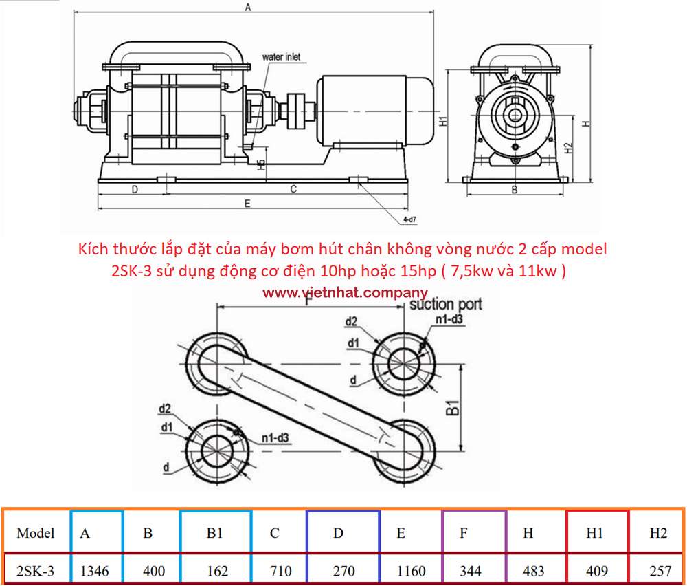 kích thước lắp đặt của bơm hút chân không 2sk-3 lưu lượng 180m3