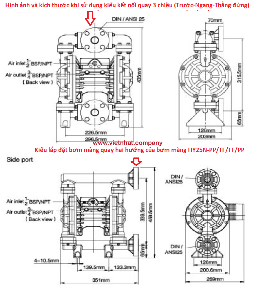 kích thước lắp đặt của bơm màng HY25N-PP-TF-TF-PP