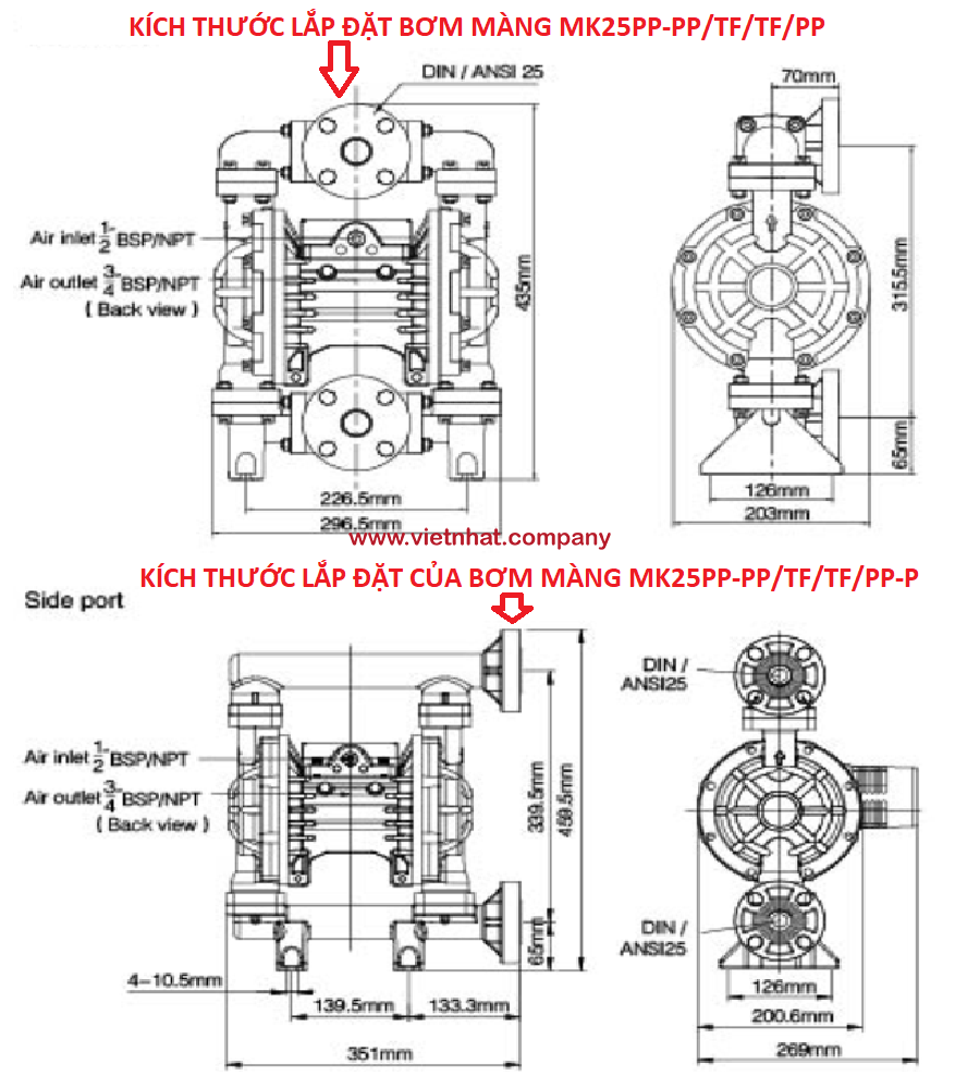 kích thước lắp đặt của bơm màng mk25pp-pp-tf-tf-pp