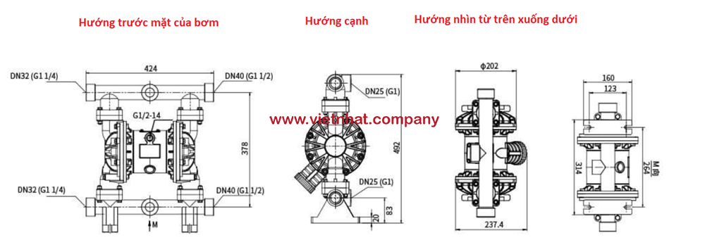 kích thước lắp đặt của bơm màng qby3-40stff