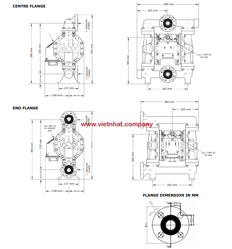 kích thước lắp đặt của bơm màng verder Air VA25pp-pptftftfe00